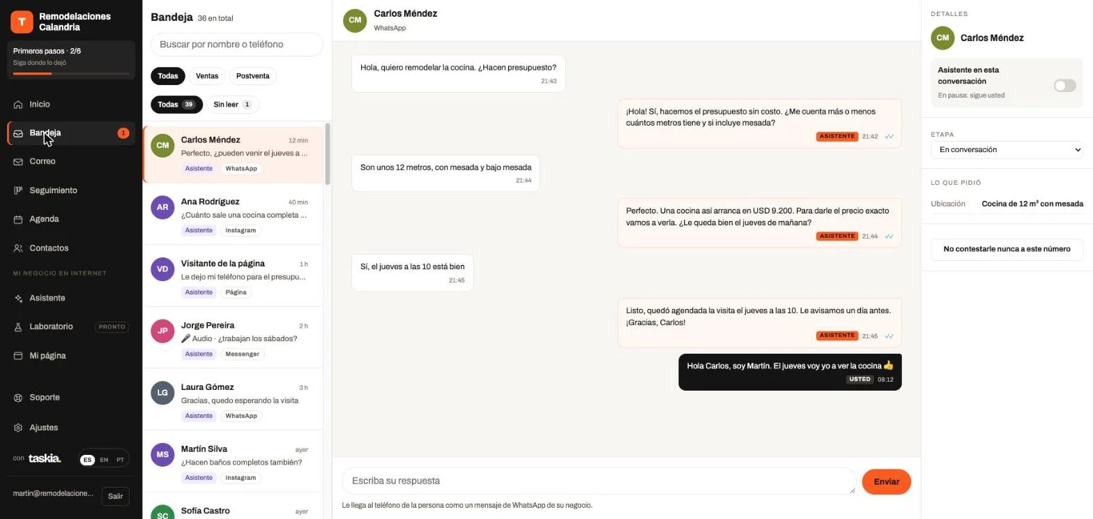 Taskia dashboard inbox showing a conversation where the assistant books a visit